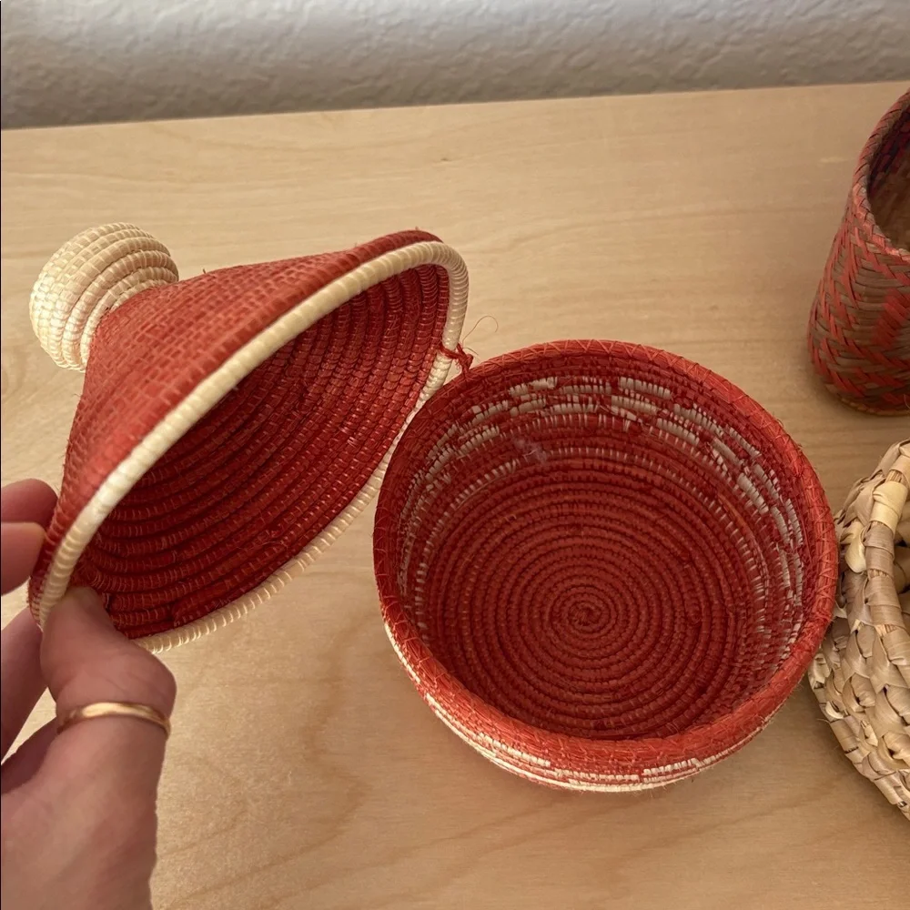 Vintage Handwoven African Mini Basket with Lid Set